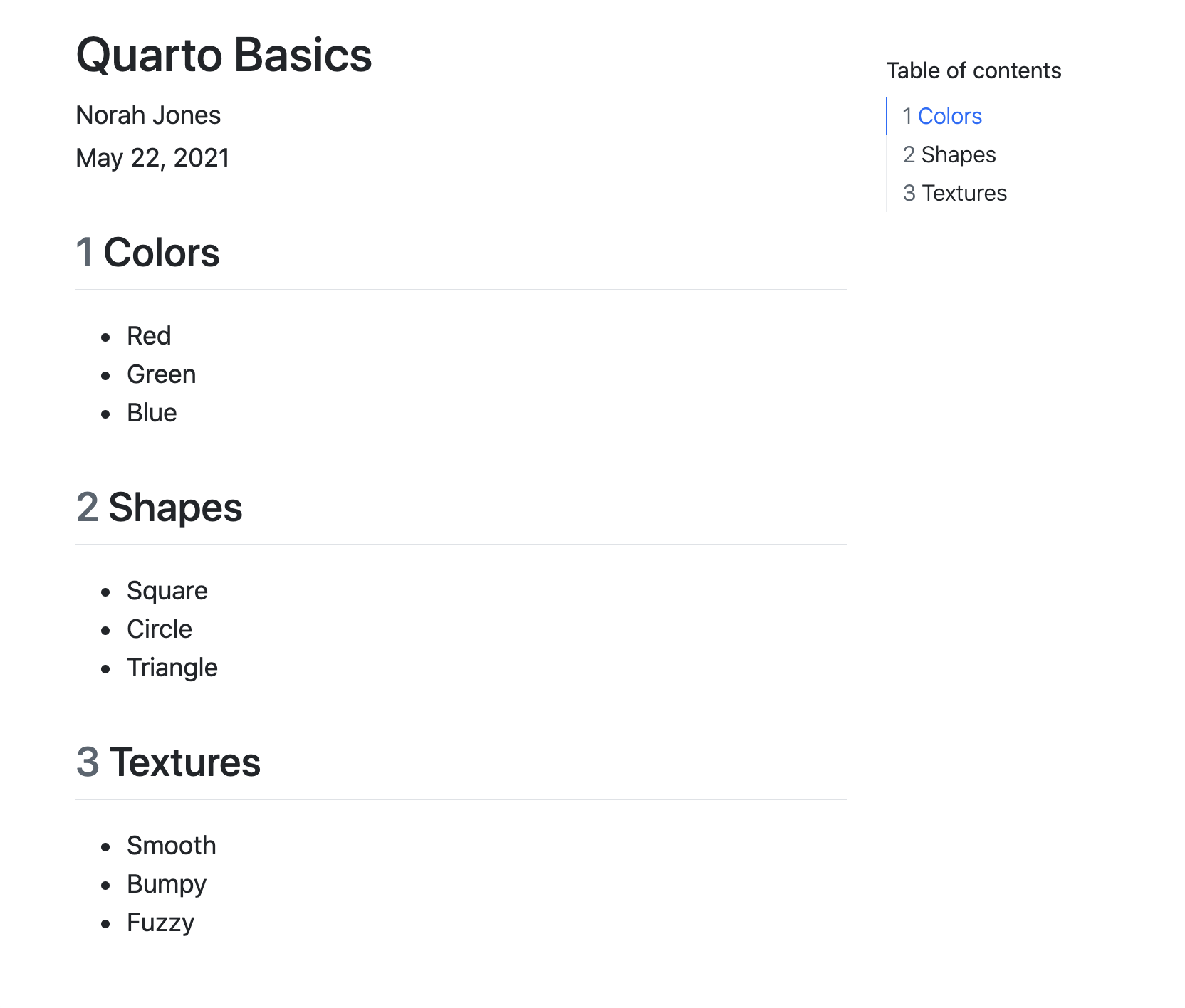 Document with title Quarto Basics, author, and date. Table of contents is on the left-hand side with numbered items for each of the three sections: 1. Colors, 2. Shapes, 3. Textures. Each section is shown in the document with the list contents from the source ipynb.